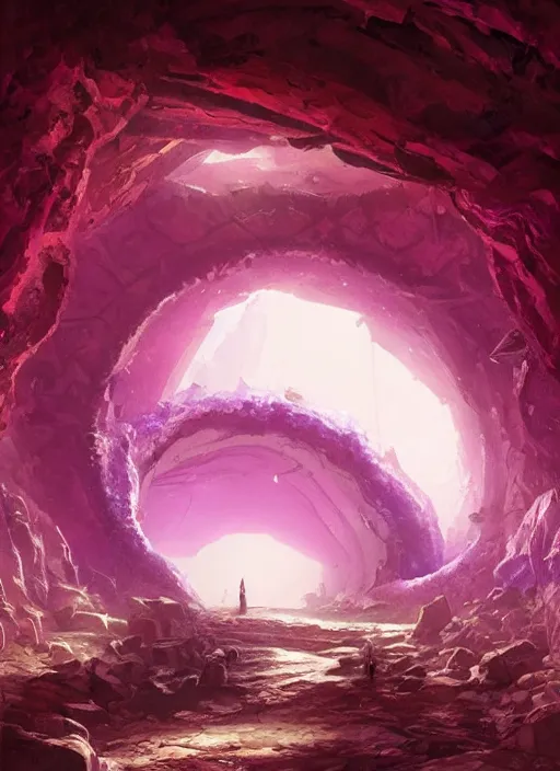 Prompt: zergling tunnel in cave of purple crystals, beautiful painting by greg rutkowski, trending on artstation