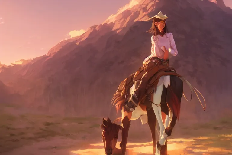 Image similar to single subject digital art of a western cowgirl western girlfriend, scenic full shot, ambient lighting, detailed face, by makoto shinkai, stanley artgerm lau, wlop, rossdraws