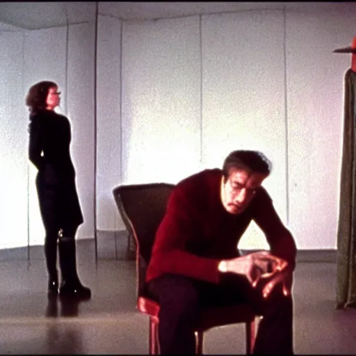 Image similar to a man and a robot in a moment of jealousy, movie still, Movie by Andrzej Zulawski and David Lynch