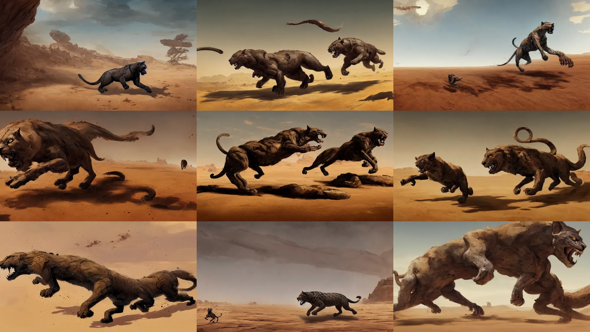 Prompt: stone panther beast running across the open desert, empty desert, sand, karst landscape, wide shot, concept art by greg rutkowski