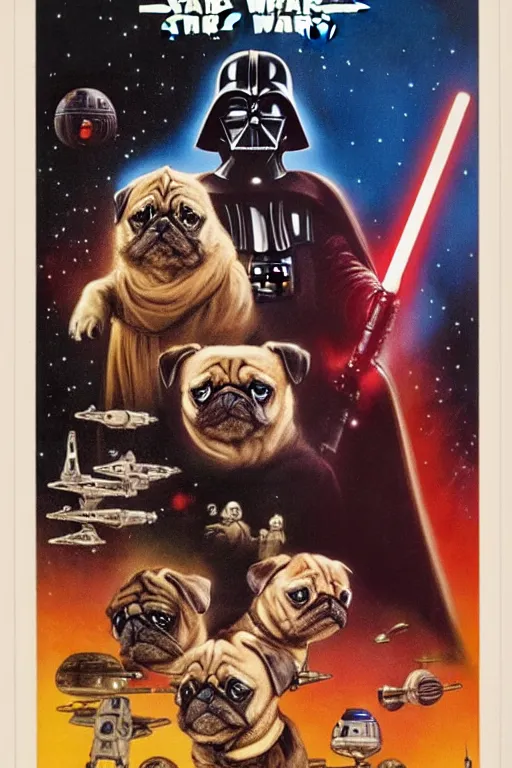 Image similar to vintage 1 9 7 7 star wars episode iv a new hope movie poster, with pugs instead of people