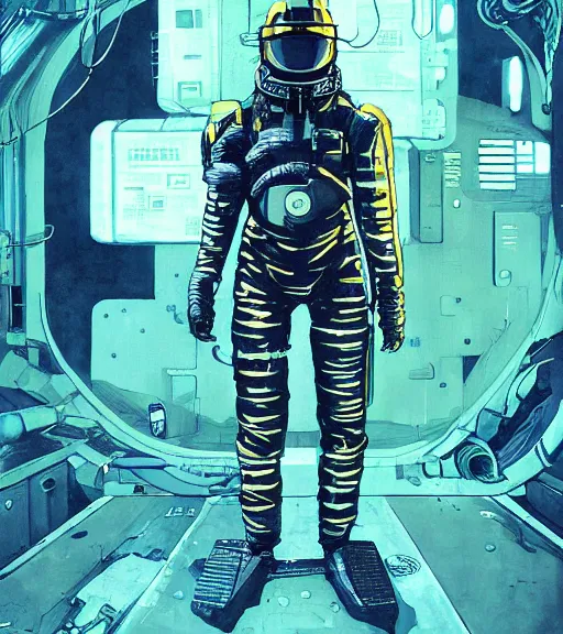 Image similar to realistic cyberpunk engineer with long limbs and a black spacesuit on a spacewalk, techwear, dead space, visible face, Industrial Scifi, detailed illustration, character portrait, by Ashley Wood and Moebius