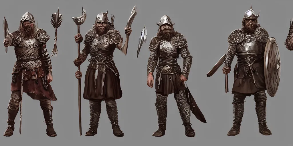 Prompt: three different views of a viking in armour, concept art by senior character artist, trending on artstation, artstation hd, full body