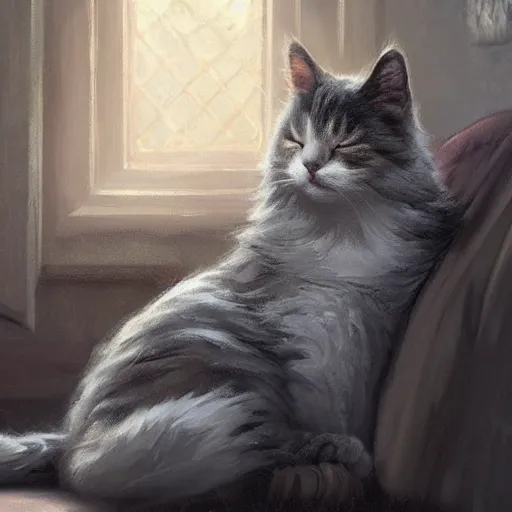 Image similar to cinematic view fluffy beutiful cat sleeping on the couch digital painting, artstation, concept art, soft light, hdri, smooth, sharp focus, illustration, fantasy, intricate, elegant, highly detailed, D&D, matte painting, in the style of Greg Rutkowski and Alphonse Mucha and artemisia, 8k, highly detailed, jurgens, rutkowski, bouguereau, pastoral, rustic, georgic