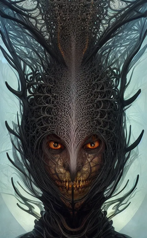 Prompt: Defaced creature wearing a black robe, it's face has been replaced by a fractal singularity of shifting patterns. fantasy, highly detailed, digital painting, artstation, concept art, smooth, sharp focus, illustration, art by artgerm and greg rutkowski and alphonse mucha