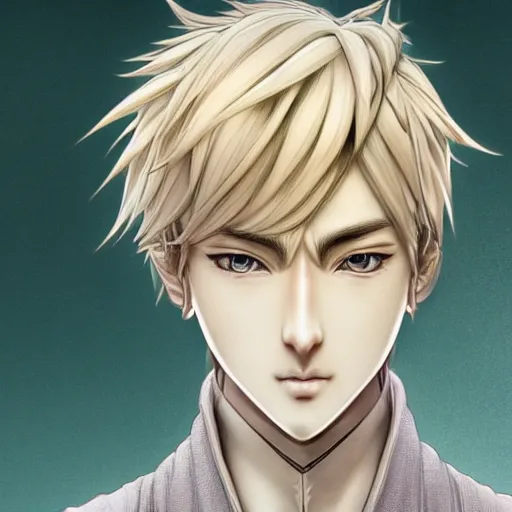 Image similar to an immortal xianxia cultivator with blonde hair as an absurdly handsome, elegant, young anime man, ultrafine hyperrealistic detailed face illustration by kim jung gi, irakli nadar, intricate linework, sharp focus, bright colors, matte, final fantasy, unreal engine highly rendered, global illumination, radiant light, intricate environment