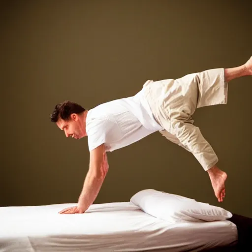 Image similar to a man doing a somersault on the bed