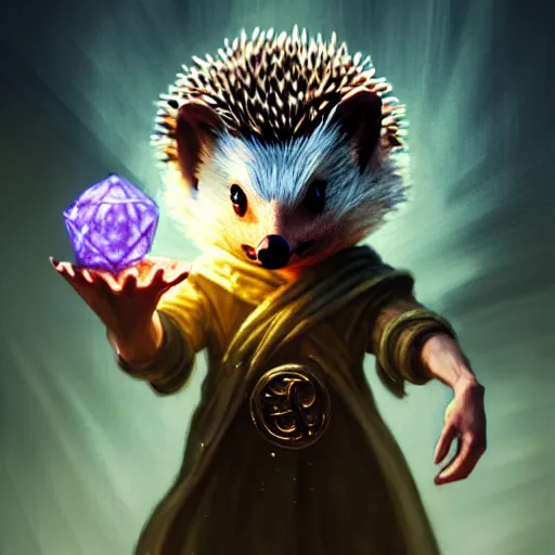 Image similar to Hedgehog healer, spell, magic the gathering artwork, D&D, fantasy, cinematic lighting, centered, symmetrical, highly detailed, digital painting, artstation, concept art, smooth, sharp focus, illustration, volumetric lighting, epic Composition, 8k, art by Akihiko Yoshida and Greg Rutkowski and Craig Mullins, oil painting, cgsociety