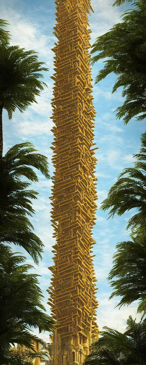 Image similar to eye level view of single tower, golden facade babylon tower, sacred ancient architecture, hanging gardens, cascading highrise, arid mountains with lush palm forest, sunlight, post - production, octane, cgi, sfx