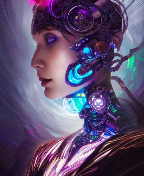 Image similar to whirlwind souls rushing inside metaverse, half body, glowin eyes, tiara, robotic, android, cyborg, cyberpunk face, by loish, d & d, fantasy, intricate, elegant, highly detailed, colorful, vivid color, digital painting, artstation, concept art, art by artgerm and greg rutkowski and alphonse mucha and ruan jia