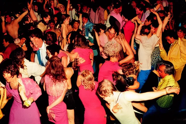 Image similar to people dancing in a club in the 70's by Geoff Darrow , they're sweating, theynre hot, colored photography, flash photography, close up, 50mm lens