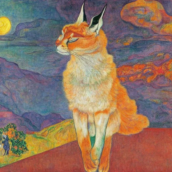 Image similar to close portrait of cute fluffy caracal, with ancient greek city with marble columns temple. sun through the clouds, vivid iridescent colors. agnes pelton, egon schiele, munch, henri de toulouse - lautrec, utamaro, monet