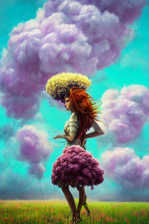 Image similar to closeup, giant flower head mohawk, woman in heather field, surreal photography, starlight, storm clouds, impressionist painting, digital painting, artstation, simon stalenhag