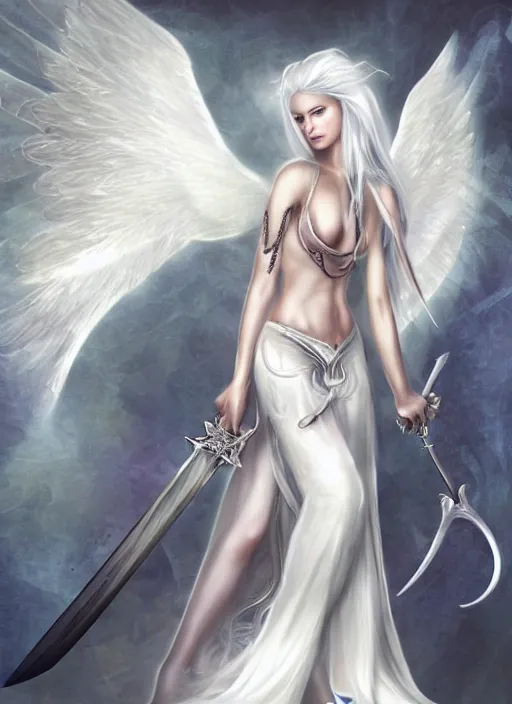 Image similar to a woman angel with white hair and wings holding a sword, a digital rendering by Anne Stokes, deviantart, fantasy art, deviantart hd, deviantart, angelic photograph