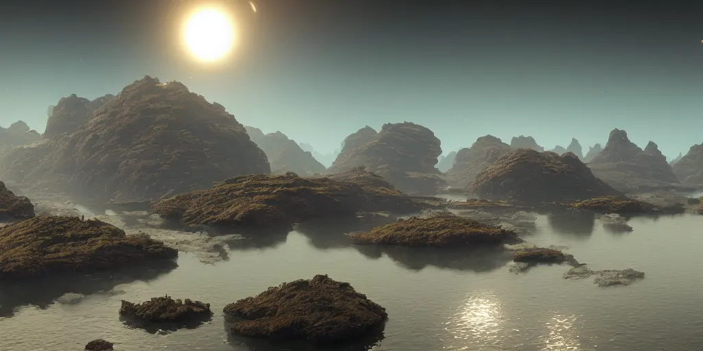 Image similar to alien landscape, floating islands, 8 k uhd, unreal engine, octane render in the artstyle of kuindzhi