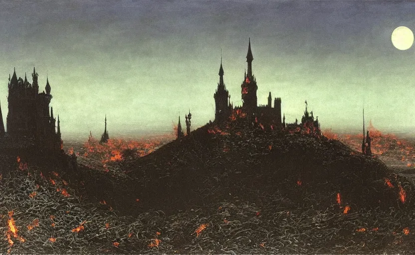 Image similar to a picture in high contrast by vasily vereshchagin of burning!!! gothic! castle in smoke on a hill, full moon in clouds, visual art, 8 k resolution, 3 d modelling, hard lighting