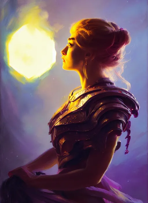 Image similar to side portrait, imogen poots, paladin, fantasy, gloomhaven, luminescent, organic painting, gaudy colors, by greg manchess, huang guangjian, gil elvgren, sachin teng, greg rutkowski, jesper ejsing, ilya kuvshinov