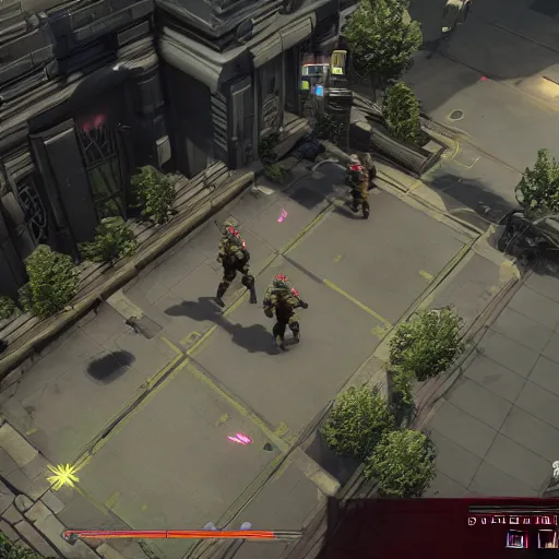 Prompt: Gameplay screenshot from XCOM 3 showing a main character, no UI, Unreal Engine 5