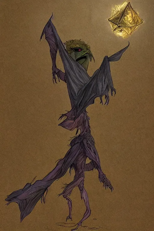 Image similar to Floating shard of The Dark Crystal, a Skeksis reflection is on one side, a Gelfling is on the other