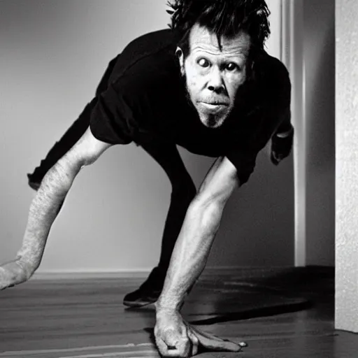 Image similar to tom waits crawling on the ceiling like he is possessed by a demon