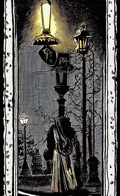 Image similar to black paper tarot card a lamplighter turning on a lamppost on a street, latticework in the style of vintage detailed illustration designed by marc simonetti and mike mignola black light style intricate ink illustration