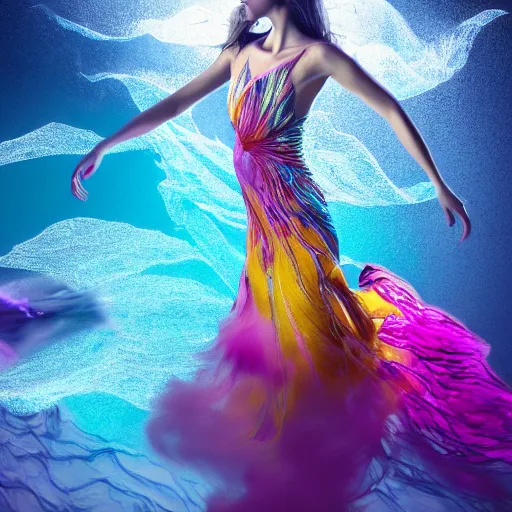 Prompt: beautiful woman with gorgeous eyes and high cheekbones dancing underwater wearing a flowing dress made of blue, magenta, and yellow seaweed, delicate coral sea bottom, swirling silver fish, swirling smoke shapes, octane render, caustics lighting from above, cinematic, hyperdetailed