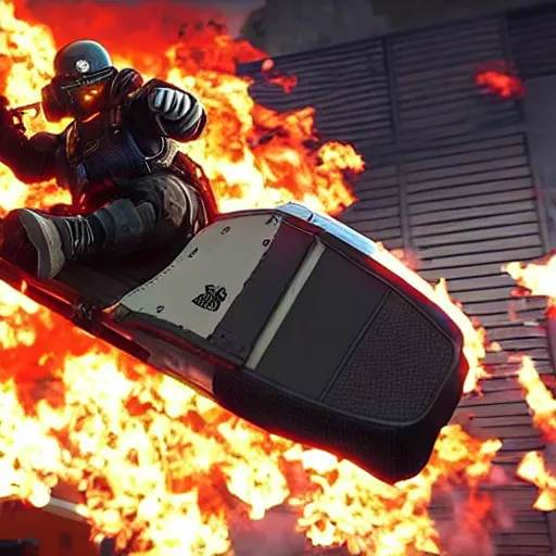 Image similar to Montagne from Rainbow Six Siege riding a hoverboard leaving behind a trail of flames and explosions