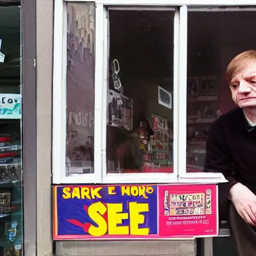 Image similar to mark e smith crouched behind a display window outside a pet shop, he is for sale