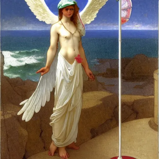 Image similar to An angel with jester hat and clothes on a greek circle archi on the front of a Balustrade with a beach and a sail boat on the background, major arcana cards, by paul delaroche, alphonse mucha and daniel garber daniel garber hyperrealistic 8k, very detailed