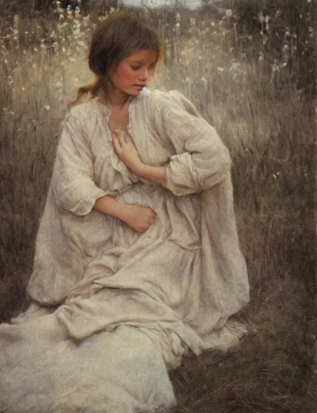 Image similar to peasant girl draw on a canvas, cottage core, cinematic focus, polaroid photo bleached vintage pastel colors high - key lighting, soft lights, foggy, by steve hanks, by lisa yuskavage, by serov valentin, by tarkovsky, detailed, oil on canvas