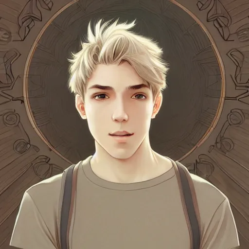 Image similar to young man with short, ash blond greyish hair, light brown eyes, casual clothes, relaxing, happy, path traced, highly detailed, high quality, digital painting, by studio ghibli and alphonse mucha, leesha hannigan, beautiful details, soft and warm