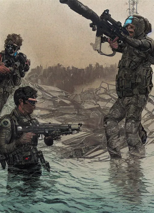 Image similar to solid snake. USN blackops operator emerging from water at the shoreline. Operator wearing Futuristic cyberpunk tactical wetsuit and looking at an abandoned shipyard. Frogtrooper. rb6s, MGS, and splinter cell Concept art by James Gurney, Alphonso Mucha. Vivid color scheme.