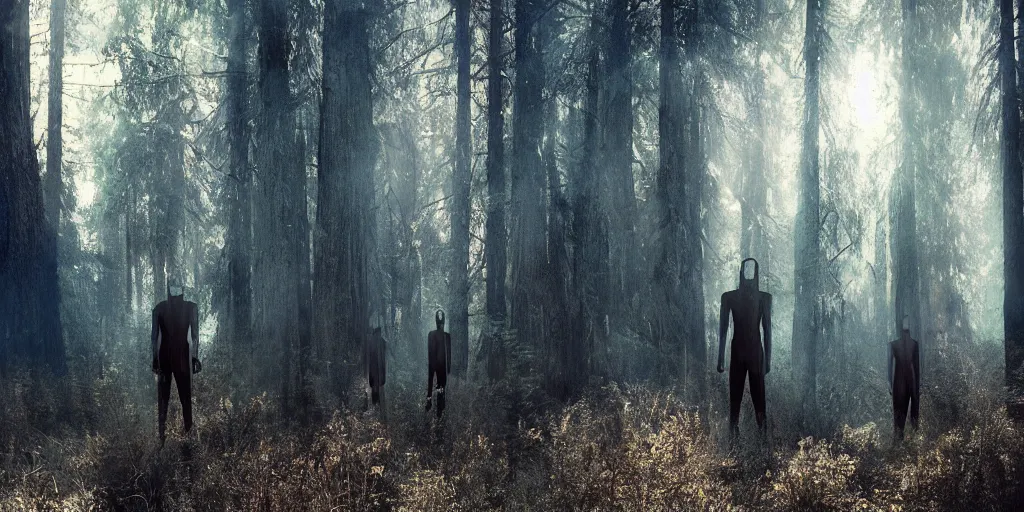 Prompt: a photograph of several tall dark evil figures in the deep California woods, volumetric lighting, chromatic aberration, in the style of Alex Stoddard