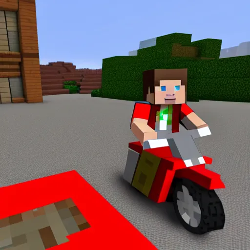 Prompt: Steve from Minecraft riding a red motorcycle in the street , ultra realistic photo, real