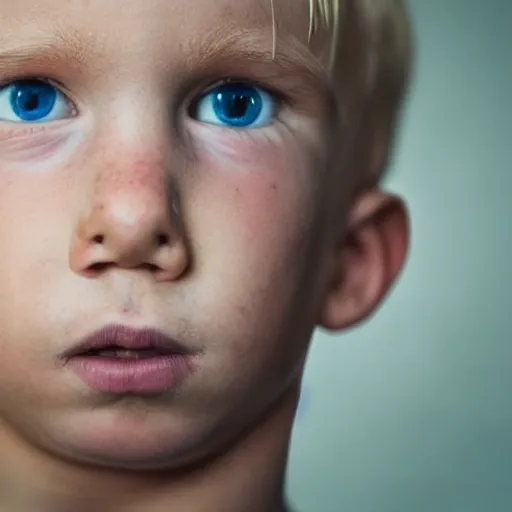 Image similar to portrait of a boy with his hand on his face, extremely realistic and real, photorealistic, blonde hair and blue eyes, detailed facial structure, real eyes that are detailed