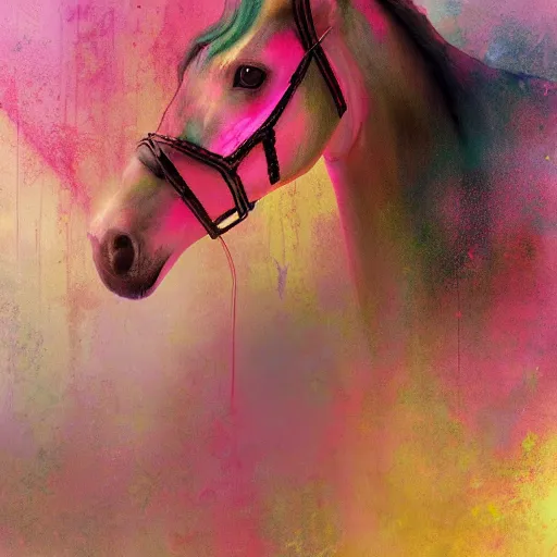 Image similar to a babyhorse by cy Twombly and BASTIEN LECOUFFE DEHARME, pink and yellow, iridescent, volumetric lighting