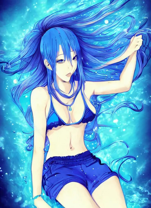 Image similar to a woman with blue hair sitting underwater, a beautiful anime drawing by yuumei, featured on pixiv, pixiv, seapunk, very anime anime!! detailed