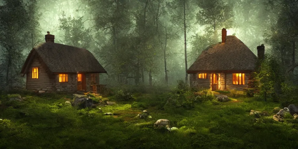 Image similar to a cottage in the woods, fantasy, hyper realistic, dramatic lighting, 8k