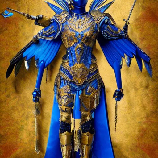 Image similar to art deco valkyrie, blue and gold ornate armor, highly detailed, intricate detail, art station,