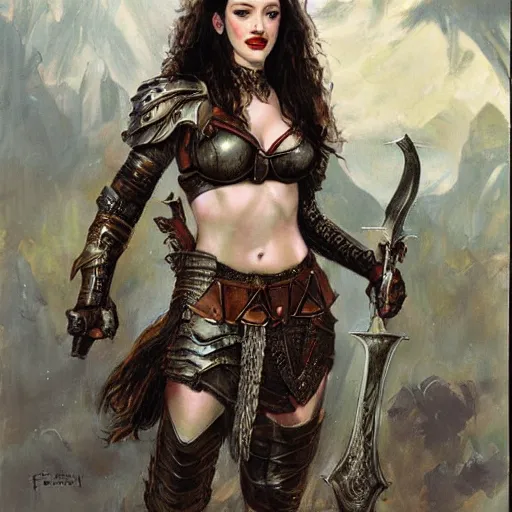 Prompt: portrait of kat dennings wearing armor and holding sword by frank fazetta, fantasy, barbarian