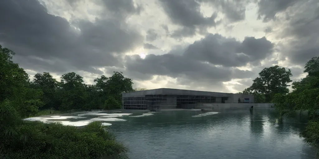 Image similar to a stunningly detailed arts center designed by Le Corbusier, surrounded by lush green forest, ponds of water, stunning volumetric lighting, sunset, metal, concrete, stunning skies, trending on Artstation, 8k, photorealistic, hyper detailed, unreal engine 5, IMAX quality, cinematic, epic lighting, in the style of Greg Rutkowski