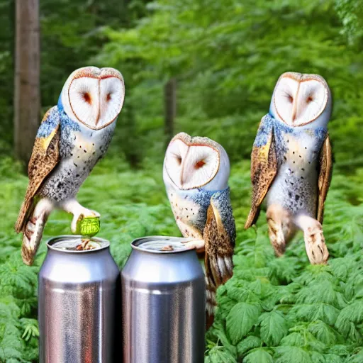 Image similar to barn owls drinking beer from a can in a forest made op fresh hops