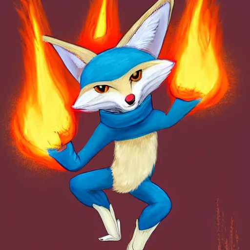 Image similar to An anthropomorphic fennec fox chracter wearing a blue sweatshirt and holding fireballs in a fighting pose, digital painting, furry fandom, detailed, impactful