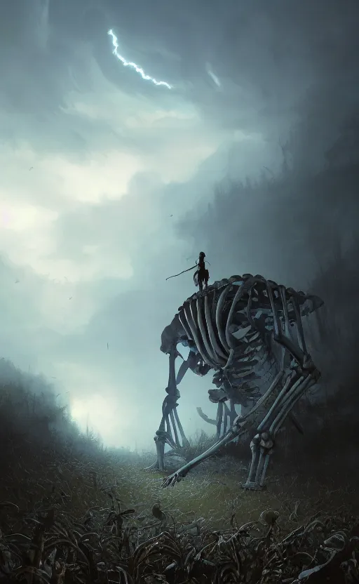 Prompt: beautiful artwork illustration, a giant skeleton on ground defeated in the distance engulfed in nature, volumetric fog, godrays, high contrast, high contrast, high contrast, vibrant colors, vivid colors, small man onlooker, high saturation, by greg rutkowski and jesper ejsing and raymond swanland, wide angle, vertical orientation