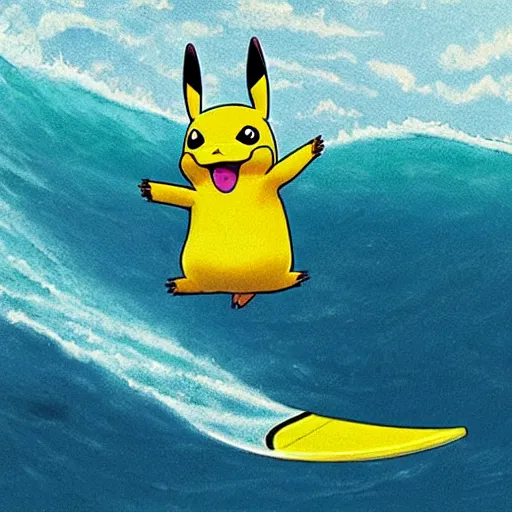 Image similar to pikachu surfing on a wave made of green slime