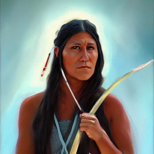 Image similar to Portrait painting of a native american female holding a spear, artstation