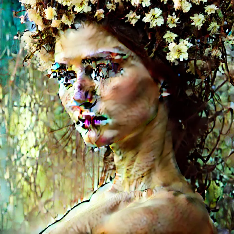 Image similar to hyperrealist realistic wonderful face portrait of a queen, it is decorated with white flowers on the head that fall like vines and wears a huge computer crown. by jeremy mann and alphonse mucha, fantasy art, photo realistic, dynamic lighting, artstation, poster, volumetric lighting, very detailed faces, 4 k, award winning