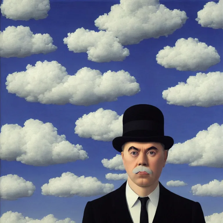 Image similar to portrait of a ghost in a suit, clouds in the background, by rene magritte, detailed painting, distance, middle centered, hd, hq, high resolution, high detail, 4 k, 8 k