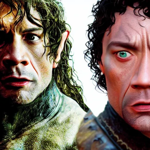 Image similar to the rock as a hobbit from lord of the rings, the rock in lotr, lord of the rings, the rock as frodo, 8k, high res, photo realistic