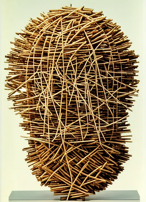 Image similar to realistic photo of a a modern brushwood and straw astronomy archeology scientific equipment gadget sculpture made of brushwood, covered with faces, by dieter rams 1 9 9 0, life magazine reportage photo, natural colors, metropolitan museum collection